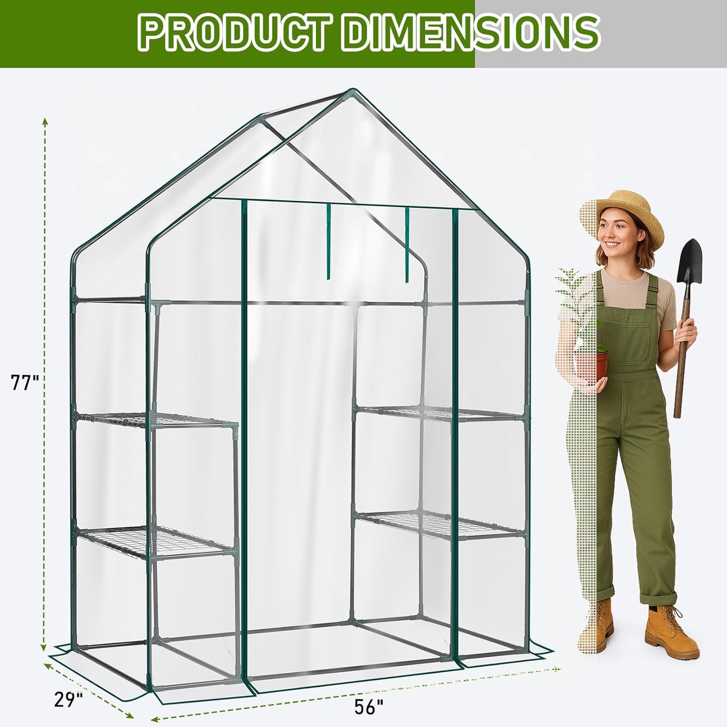 Outvita Walk-in Greenhouse, Outdoor Durable PVC Plant Green House for Frost Protection with 3 Tiers 4 Shelves, Shelf Clips, Roll-up Zipper Door, 56"x29"x77" Transparent