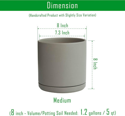 Set of 2 Plants Pots, 8 Inch Ceramic Planter Pot for Plants with Drainage Hole and Saucer, Speckled Grey, 94-V-D-3