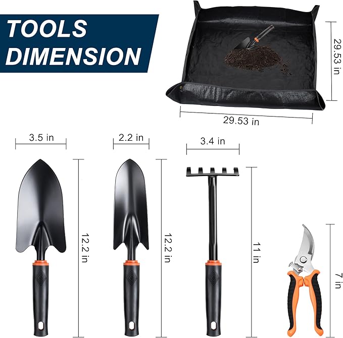 Joyfair Garden Tool Set, 5 Pcs Gardening Tools for Women & Men, Gardening Hand Tool Kit with Pruning Shear, Repotting Mat, Transplant Trowel, Hand Rake, Heavy-Duty Plant Supplies for Indoor & Outdoor