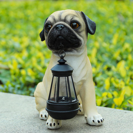 Garden Dog Statues Outdoor Decor, Solar Lights Outdoor Pug Figurines Solar Dog Ornaments for Patio, Lawn, Yard Art Decoration, Housewarming Garden Gift