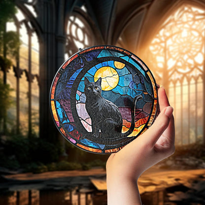 7.8" Dark Cat and Moon Stained Glass Suncatchers Art Glass Cats for Indoor for Pet Animal Nature Floral Lovers Women Grandma Mom Friend Painted Panel Décor PET-02D-SG8