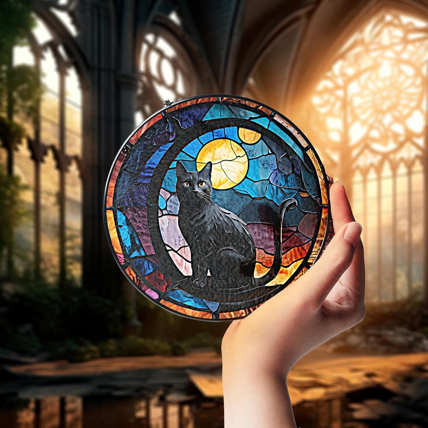 6" Dark Cat and Moon Stained Glass Suncatchers Art Glass Cats for Sun Catcher Indoor for Pet Animal Nature Floral Lovers Women Grandma Mom Friend Painted Glass Panel Décor PET-02D-SG6