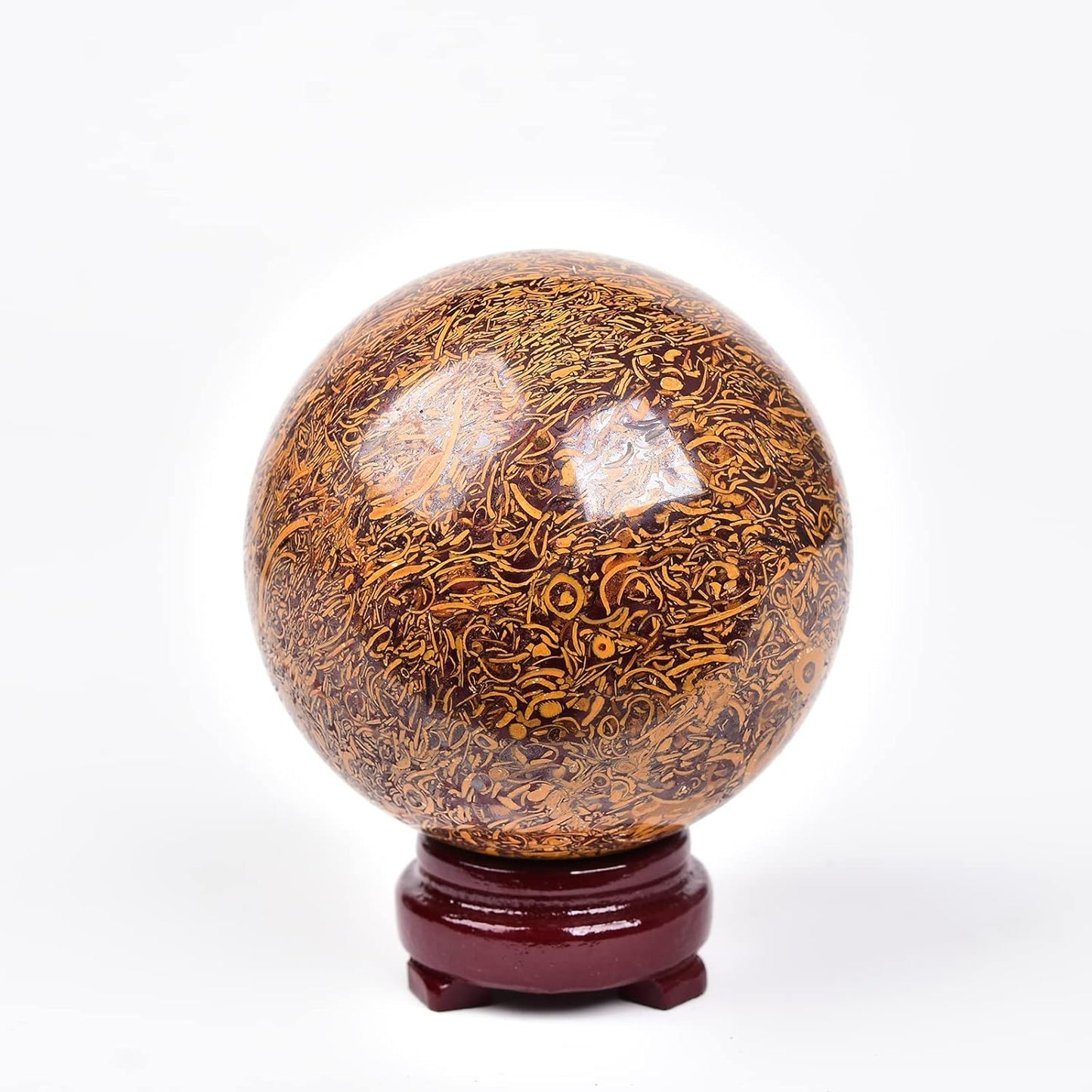 JIC Gem Real Natural Crystal Sphere Ball with Wooden Stand for Fengshui Golden Jade Healing Crystal Ball Decoation Meditation Energy Reiki Ball (90-100mm)