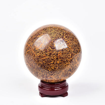 JIC Gem Real Natural Crystal Sphere Ball with Wooden Stand for Fengshui Golden Jade Healing Crystal Ball Decoation Meditation Energy Reiki Ball (90-100mm)