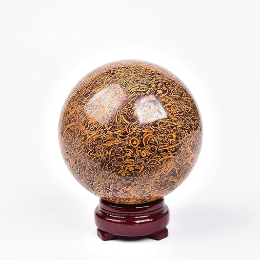 JIC Gem Natural Crystal Sphere Ball with Wooden Stand for Fengshui Golden Jade Healing Crystal Ball Decoation Meditation Energy Reiki Ball (110-120mm)