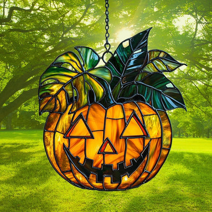 Monstera Jack-o'-Lantern Acrylic Suncatcher Stained Glass Effect Window Car Hanging Christmas Ornament Indoor Outdoor Decor Garden Sun Catcher Panel for Monstera Lover for Women Mom Grandma