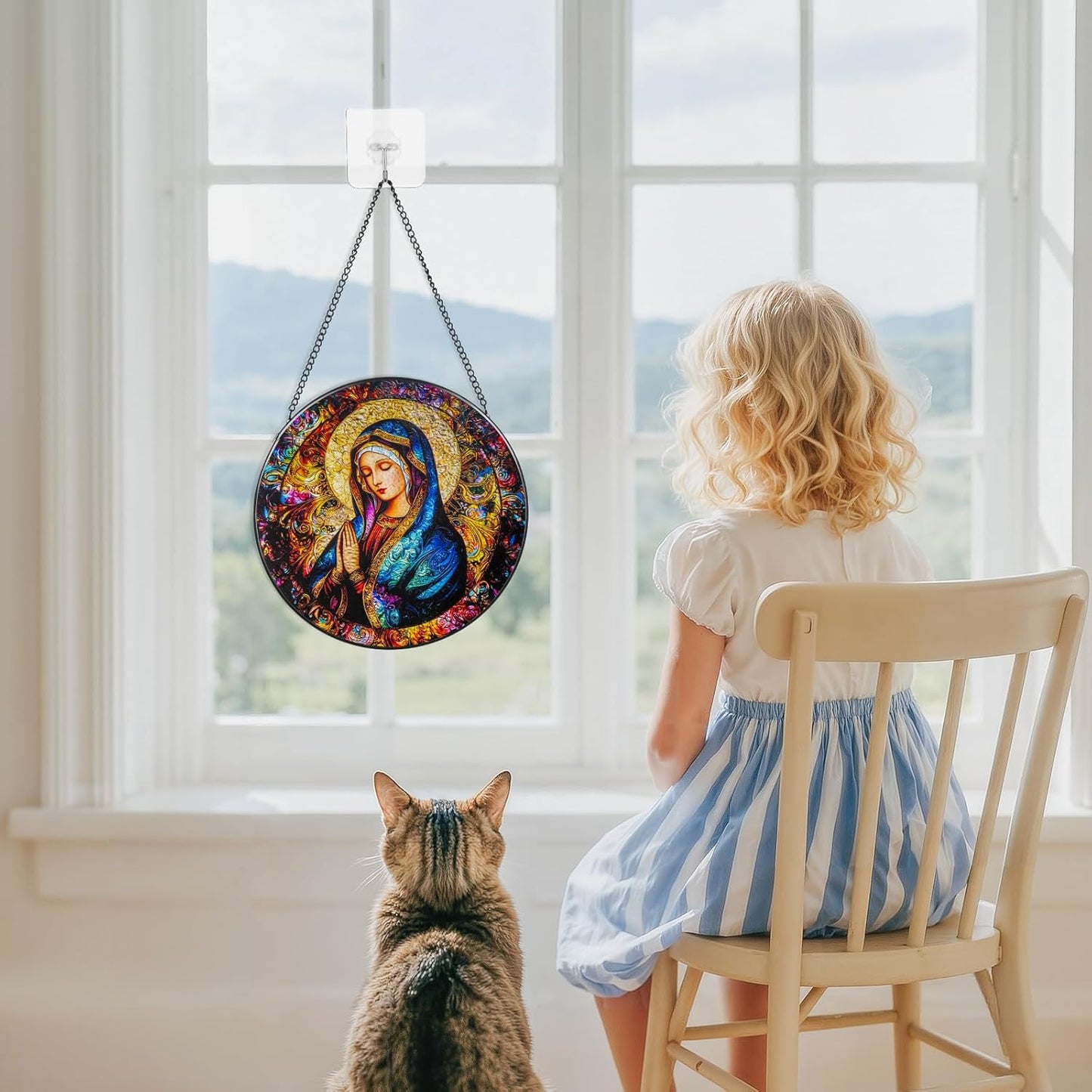 Suncatcher Stained Glass Window Hanging - Mother Mary Glass Panel with Metal Chain and Hooks Handmade Sun Catcher Decoration for Window Garden Home Christmas & Birthday Gifts (8 Inch)
