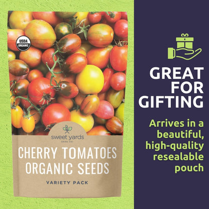 Organic Cherry Tomato Seeds Variety Pack - 5 Individual Packs - 2025 Season - Green Zebra, Matt's Wild, Chadwick, Yellow Pear and More! for Indoor & Outdoor Planting (Non-GMO, Certified Organic)