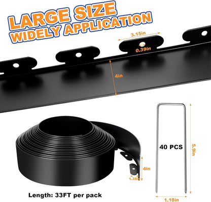 4IN x 33FT Landscape Edging, Garden Edging Borders with 40pcs Metal Stakes, Flexible Plastic Garden Border for Lawn, Landscaping, Flower Beds, Trees and Yard