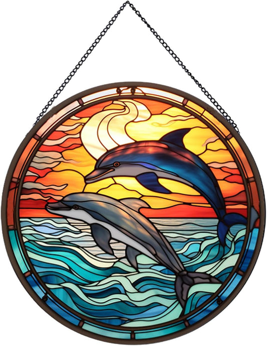 Jumping Dolphin Pattern Suncatcher Stained Glass,Hanging Stained Glass for Windows,20cm/7.87inch