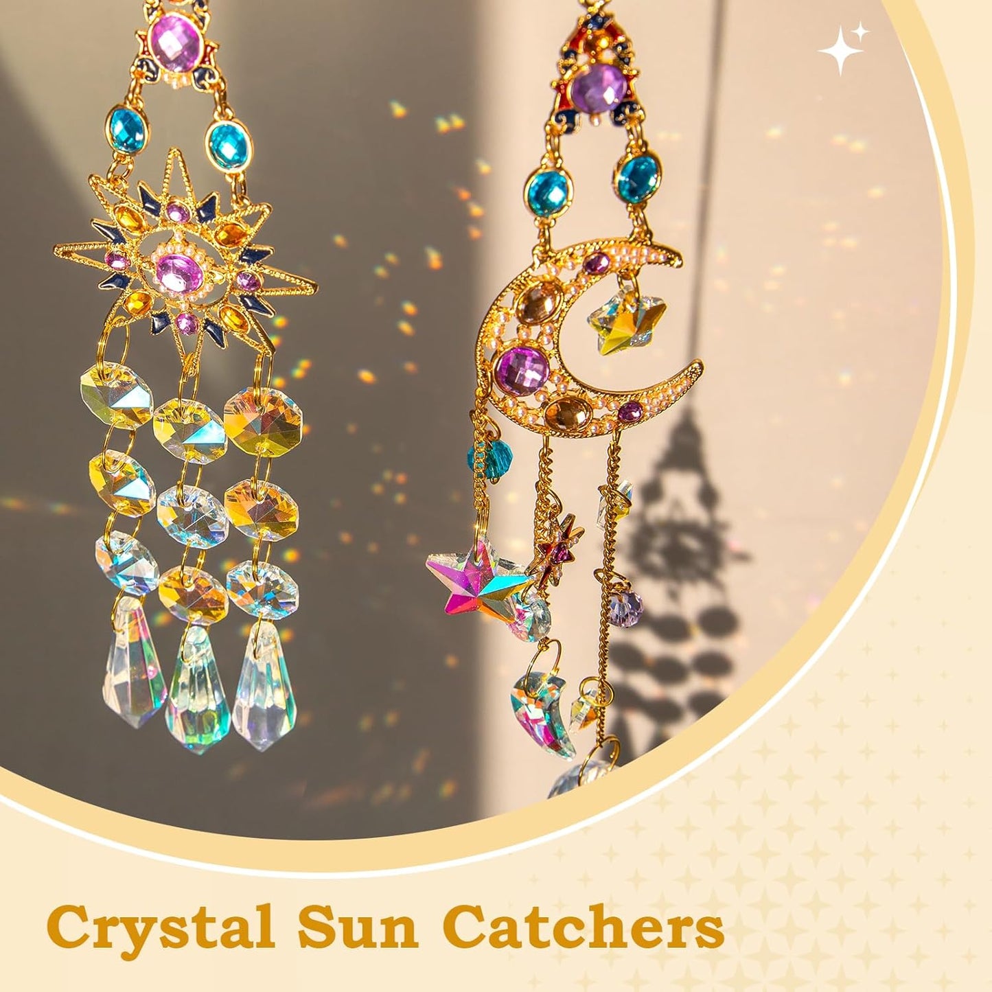 2 PCS Crystal Suncatcher,Colorful Sun&Moon Sun Catchers Indoor Window Hanging with Crystals Light Catcher Tree of Life Crystal Suncatchers Prism Hanging for Indoor Outdoor Home Garden Wedding Decor