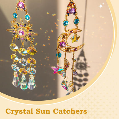 2 PCS Crystal Suncatcher,Colorful Sun&Moon Sun Catchers Indoor Window Hanging with Crystals Light Catcher Tree of Life Crystal Suncatchers Prism Hanging for Indoor Outdoor Home Garden Wedding Decor