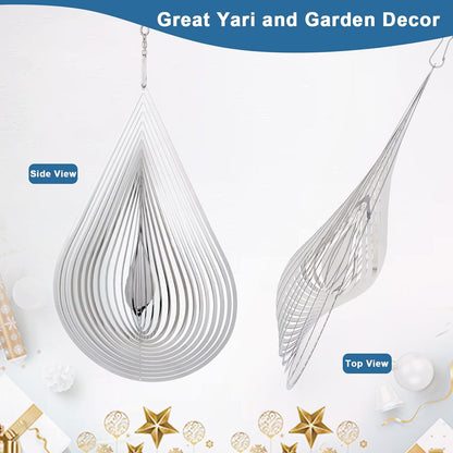 Wind Spinner Flowing-Light Effect Courtyard Decorations Made of Stainless Steel House Hanging Decoration 12“x 8“ Spinners with a 360° Rotating Hook (1 pc Water Drop-Silver)