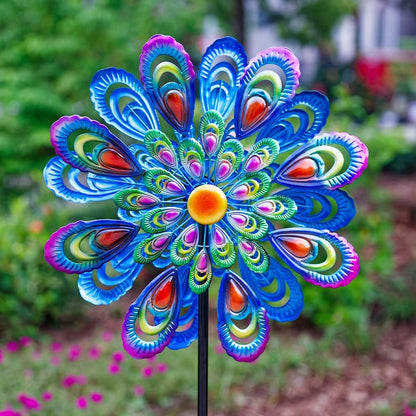 Peacock Wind Spinner, 21" Dia Large Kinetic Wind Sculptures & Spinners Outdoor, 68 Inch Tall Metal Windmill for Garden Yard Decor
