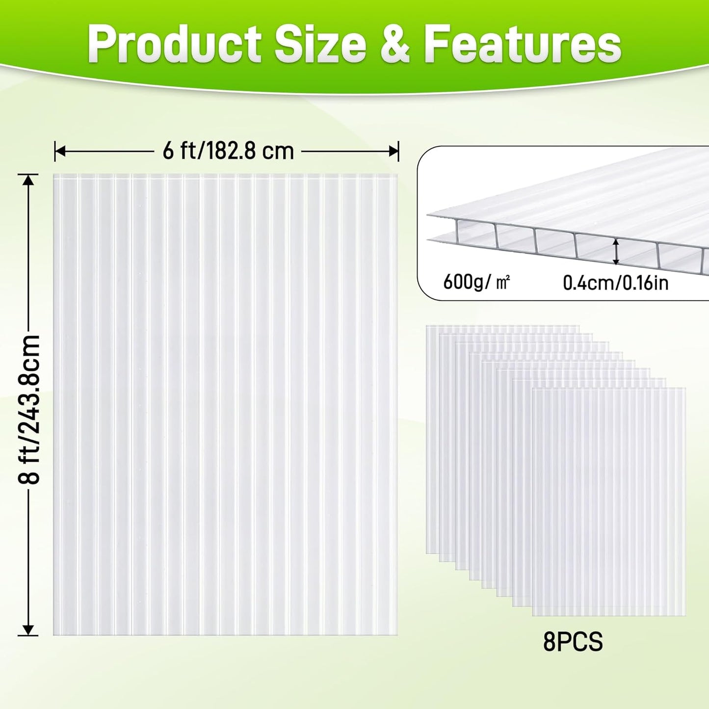 8 Pack 8' X 6' X 0.16'' Polycarbonate Greenhouse Panels, Waterproof UV Protected Clear Polycarbonate Sheets Twin-Wall Roof Panels, Corrugated Plastic Roofing Panels for Greenhouse Replacement
