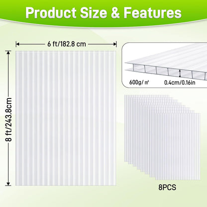 8 Pack 8' X 6' X 0.16'' Polycarbonate Greenhouse Panels, Waterproof UV Protected Clear Polycarbonate Sheets Twin-Wall Roof Panels, Corrugated Plastic Roofing Panels for Greenhouse Replacement