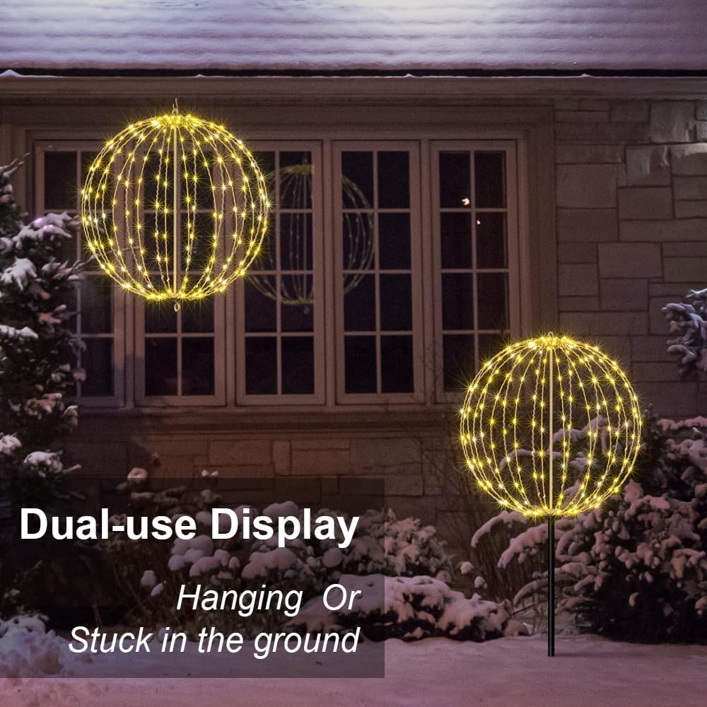 LIGHTSHARE 20IN 200LED Light Ball Yard Decoration Pathway Lights Sphere Light Fold Flat Metal Frame Indoor Outdoor Waterproof Garden Lights, Plug in
