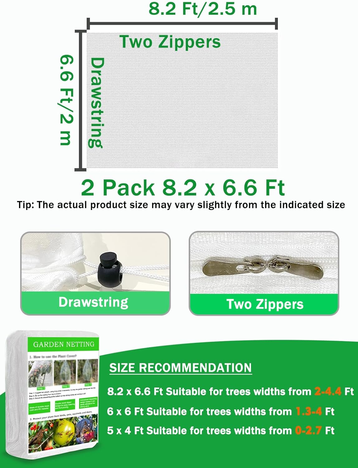2 Pack 8.2x6.6 Ft Bird Netting for Garden with Zipper, Fruit Tree Netting Plant Cover for Blueberry Strawberry Bushes, Garden Netting Tomato Plant Protector for Vegetables Tree