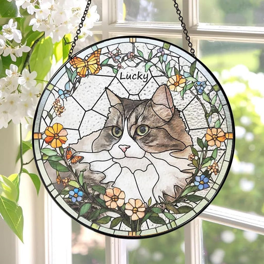 Custom Cat Portrait Stained Glass Window Hanging Light Catcher, Pet Memorial Stained Glass Photo