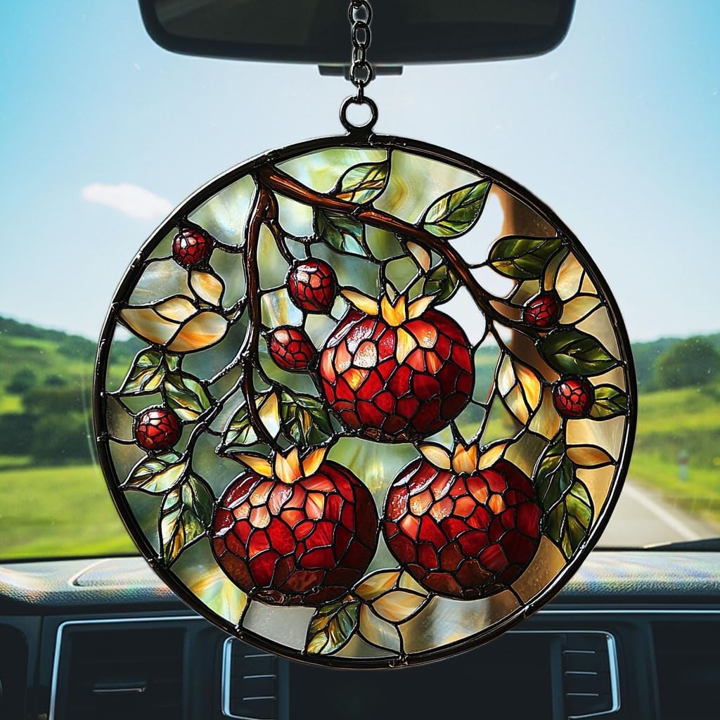 Cottage Pomegranate Acrylic Suncatcher Stained Glass Effect Window Car Hanging Christmas Ornament Indoor Outdoor Decor Garden Sun Catcher Panel for Acrylic Suncatcher Lover for Women Mom Grandma