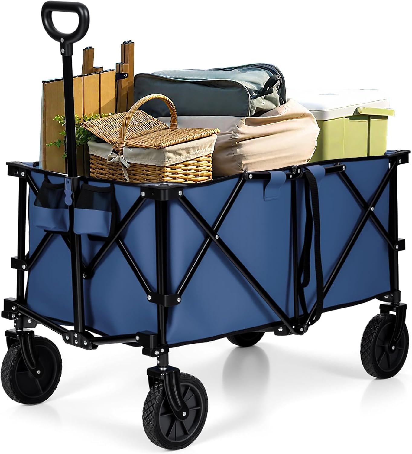 Goplus Collapsible Wagon, Folding Utility Wagon Cart w/Universal Wheels & Adjustable Handle & Cover Bag, Grocery Wagon for Garden Shopping Camping (Navy)