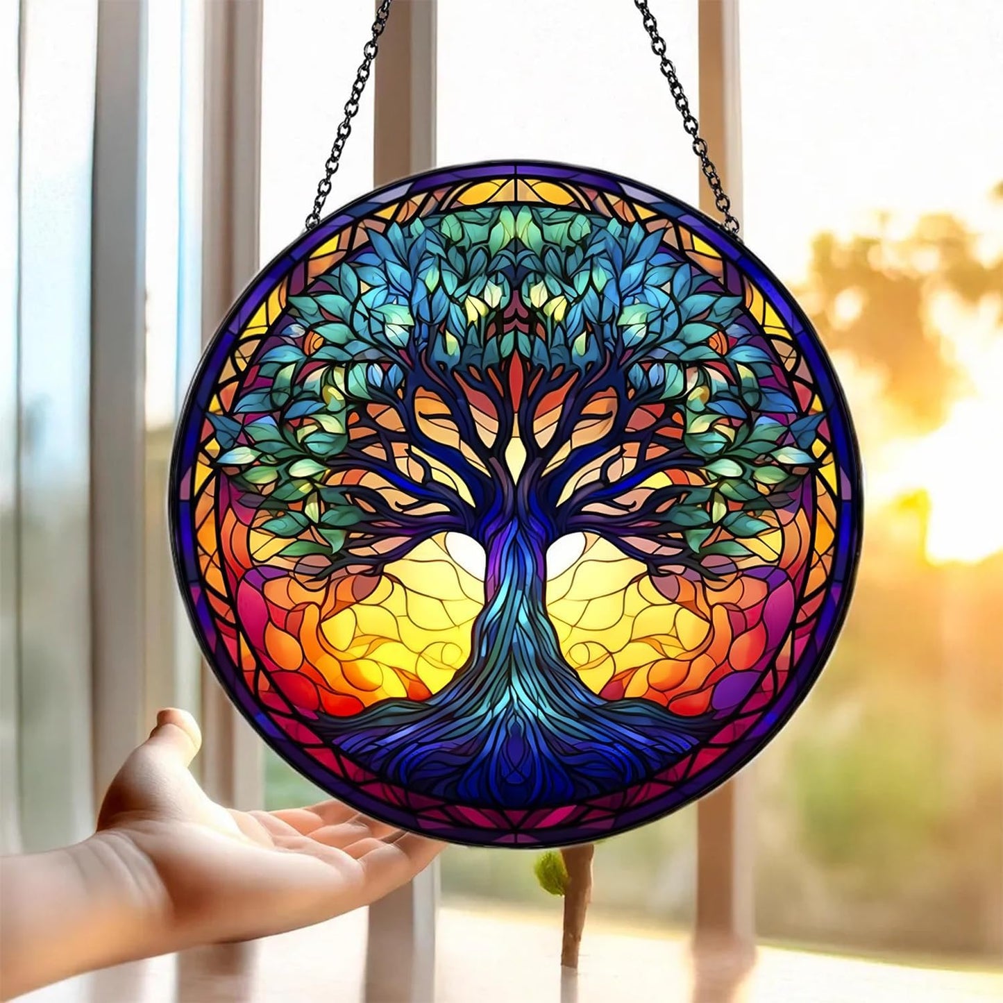 Tree of Life Suncatcher -7.9 in Stained Glass Window Hanging Catcher Garden Decor