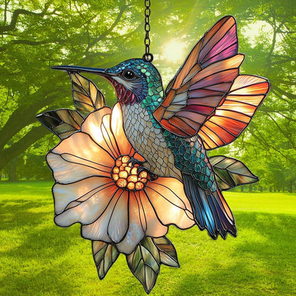 Hummingbird Mosaic Style Acrylic Suncatcher Stained Glass Effect Window Car Hanging Christmas Ornament Indoor Outdoor Decor Garden Sun Catcher Panel for Hummingbird Lover for Women Mom Grandma