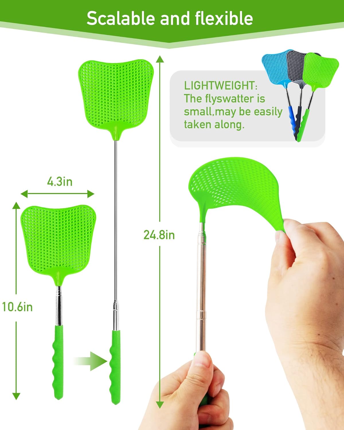 Wapodeai 3 pcs Fly Swatter, Fly Swatters Plastic Telescopic, Large Bug Swatter That Work for Indoor and Outdoor. (Black Blue Green)