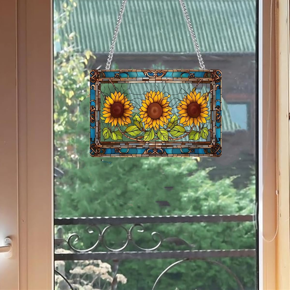 Large Acrylic Sunflower with Green Leaves Window Hanging Decor - Stained Glass Style with Colorful Yellow Flower, Suncatchers for Bedroom, Garden & Home Decoration - Ideal Gift for Mom, Grandma