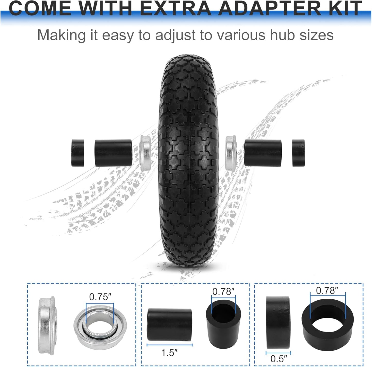 16" Flat Free Wheelbarrow Tires, 4.80/4.00-8" Flat-Free Solid Tire with 5/8" Axle Bore Hole for Wheelbarrow Lawn Mover Trolley Dolly Go Kart Replacement (2 Pack)