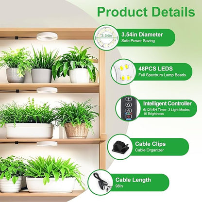 3 Head White Halo Angel Ring Ceiling LED Plant Growth Lights for Shelf, 3000K+6000K Full Spectrum Grow Lamps for Plant Growth Indoor Plants with 6/12/16H Timer, 3 Spectral Modes, 10 Dimmable Levels