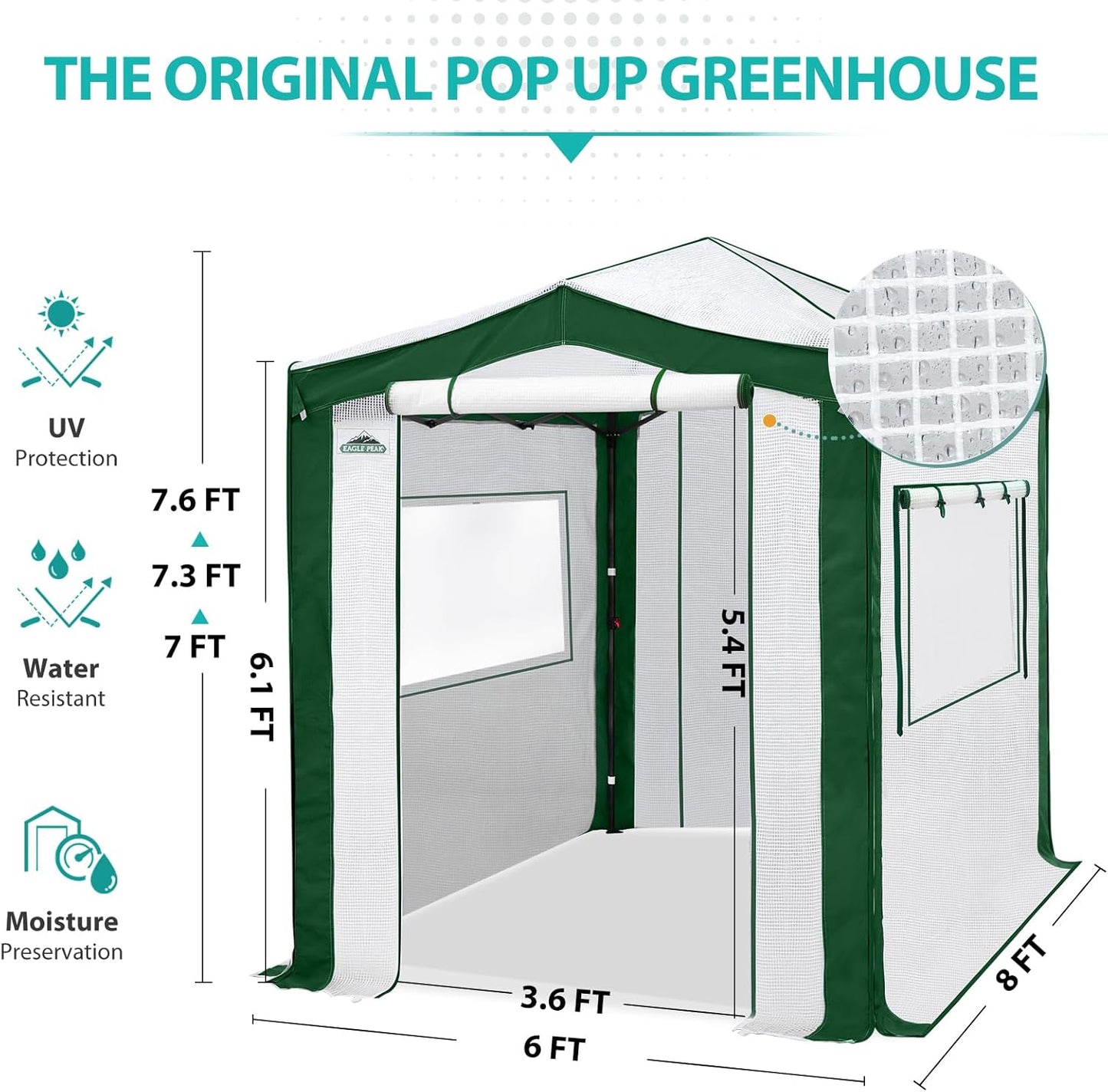 EAGLE PEAK 8x6 Portable Walk in Greenhouse with Polyester Reinforced Corners, Instant Pop Up Indoor Outdoor Gardening Green House, Roll Up Zipper Entry Doors and Mesh Windows, Green/White