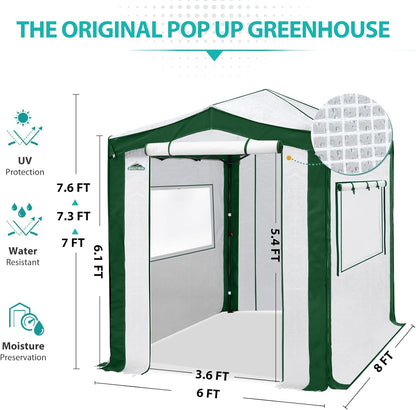 EAGLE PEAK 8x6 Portable Walk in Greenhouse with Polyester Reinforced Corners, Instant Pop Up Indoor Outdoor Gardening Green House, Roll Up Zipper Entry Doors and Mesh Windows, Green/White
