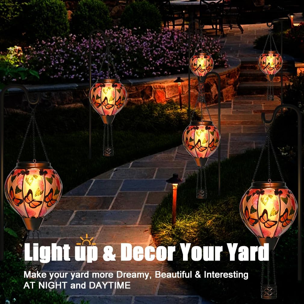Hot Air Balloon Solar Lantern - Butterfly Stained Glass Lantern, Simulated Flickering & Dancing Flame, Outdoor Hanging Yard Light Waterproof IP65 for Patio Lawn Porch Decor Gift