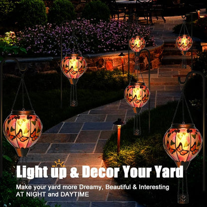 Hot Air Balloon Solar Lantern - Butterfly Stained Glass Lantern, Simulated Flickering & Dancing Flame, Outdoor Hanging Yard Light Waterproof IP65 for Patio Lawn Porch Decor Gift
