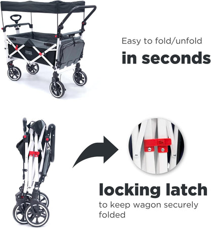 Creative Outdoor Wagon for Kids Push Pull Collapsible Stroller with Canopy Folding Cart | Titanium Series Plus | Beach, Park, Garden (Black & Grey)