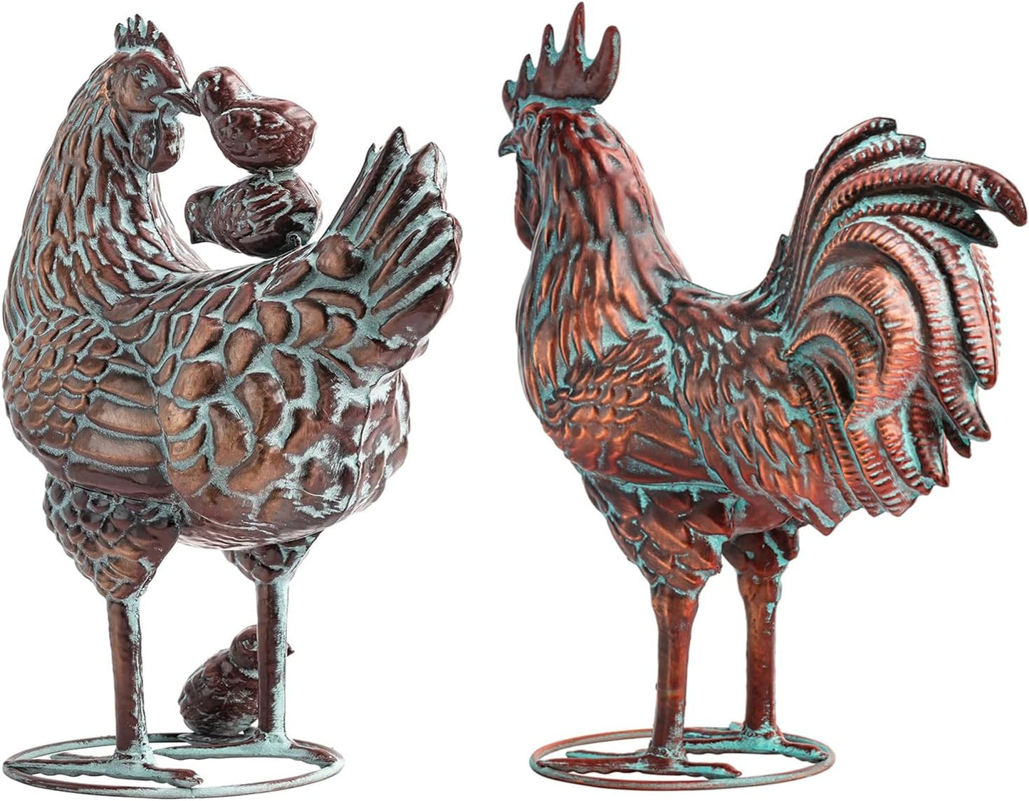 Metal Garden Chicken Sculpture Decor Antique Copper Rooster and Hen with Chicks Outdoor Statues Yard Art