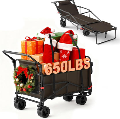 LEVELEVE Heavy Duty Folding Wagon - 2-in-1 Collapsible Cart, 650lb Capacity, All-Terrain Wheels w/Brakes & Side Pockets (Brown)
