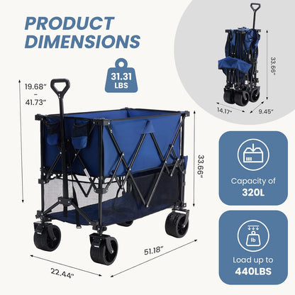 DUMOS Large Capacity Folding Double Decker Wagon with Brakes, 440 lbs Wagons Carts Foldable Wagon Cart with Flexible Handle, All-Terrain Big Wheels for Grocery Sports Garden Camping