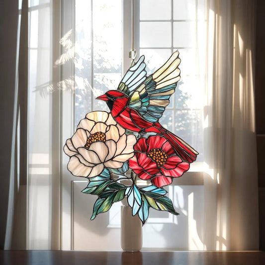 Red Cardinal and Poppy Flower Suncatcher Sun Catchers Indoor Windown Suncatchers for Windows
