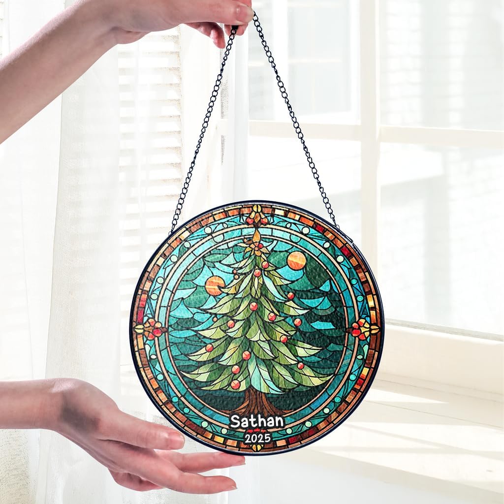Personalized Stained Glass Christmas Tree Suncatcher, Christmas Handcraft Holiday Ornament with Name and Number, Gift for Family or Friend, Gift for Décor