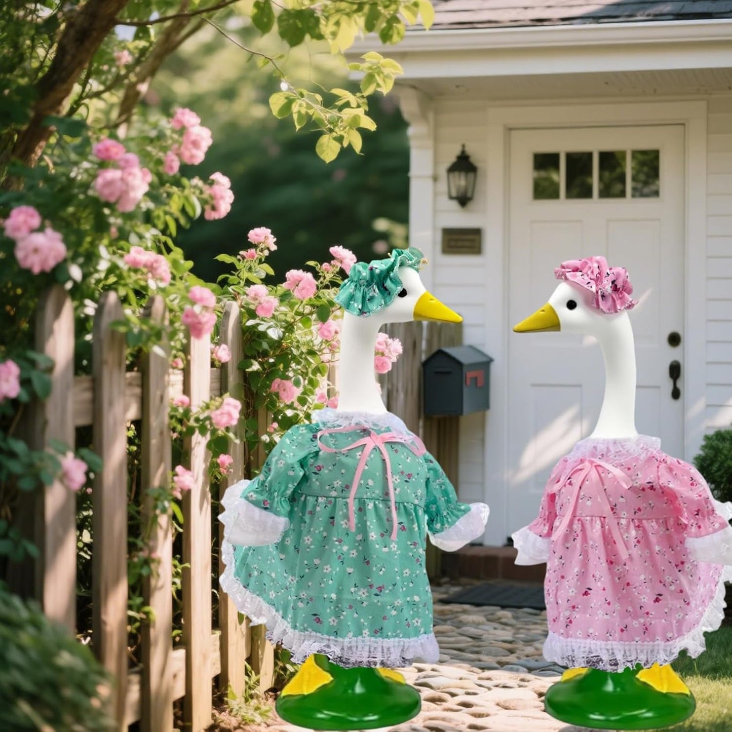 2-Pack Porch Goose Outfits for 23" Porch Goose- Lace Design Dress & Hat Set, Garden & Lawn Porch Goose Clothing for Patio Yard Lawn Decor (Green + Pink)
