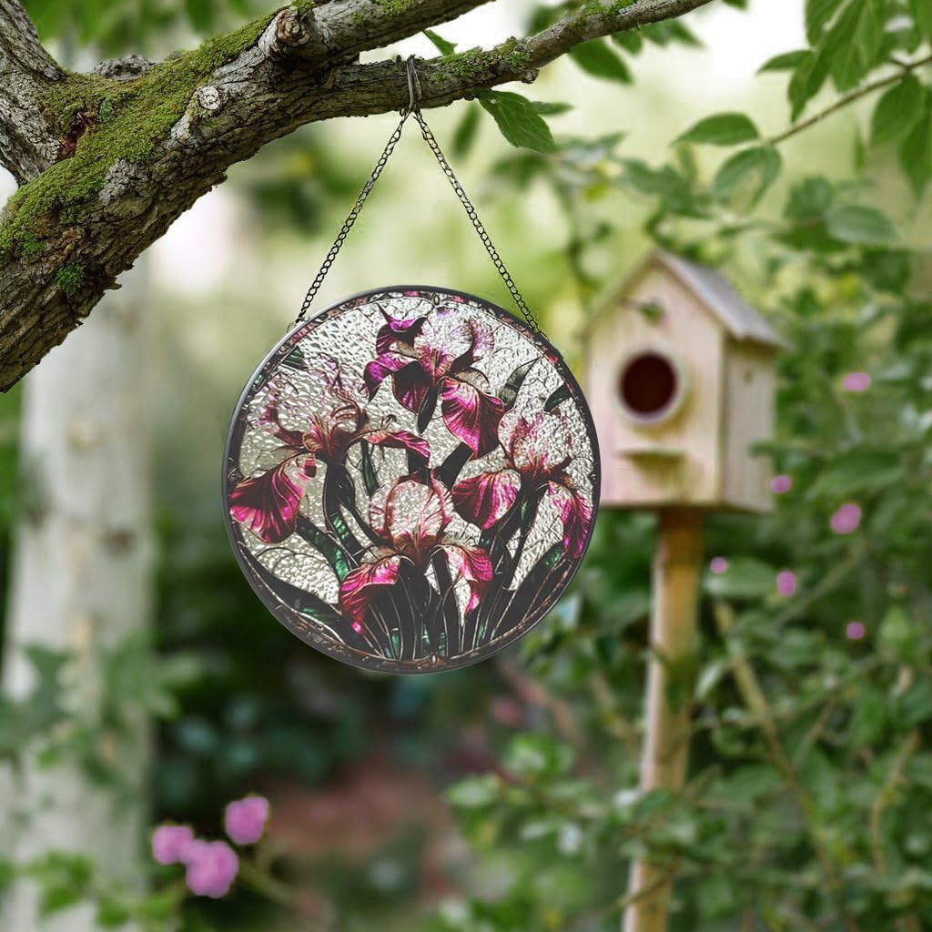 Floral Stained Glass Window Hanging - Iris Design Handmade Suncatcher, Luyseyha 8 Inch Sun Catcher for Windows, Home, Garden, Office, Christian Gift