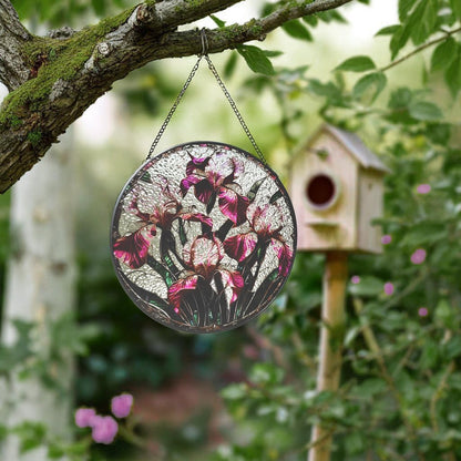 Floral Stained Glass Window Hanging - Iris Design Handmade Suncatcher, Luyseyha 8 Inch Sun Catcher for Windows, Home, Garden, Office, Christian Gift