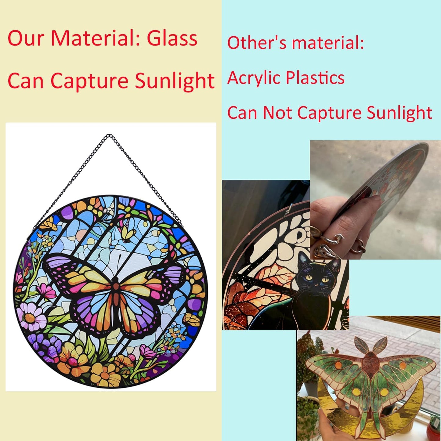 Butterfly Hanging Stained Glass for Windows,20cm/7.87inch Hand-Painted Sun Catcher Garden Hangings Christmas Mother's Day, Valentine's Day Ornaments Festival Gift (A Style)