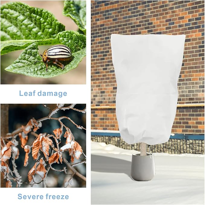 6 PCS Plant Covers Freeze Protection, 47.2"x31.5" Frost Blankets with Zipper Drawstring Reusable Winter Plant Protectors Bag Covers for Outdoor Garden Trees, Shrubs Cover for Frost Cold Pest, White