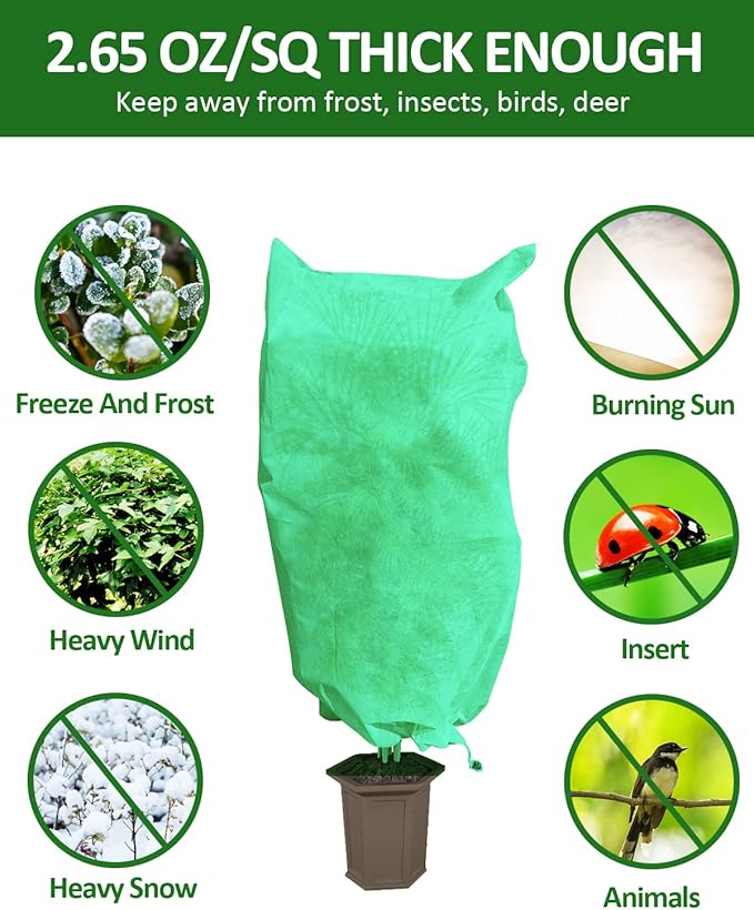 EAONE 12 Pack Plant Covers Freeze Protection, 24x32'' Winter Frosts Cloth for Outdoor Plants, Reusable Frost Blankets Drawstring Bags for Cold Freeze Sun Protection Bird Insect Prevention,Green