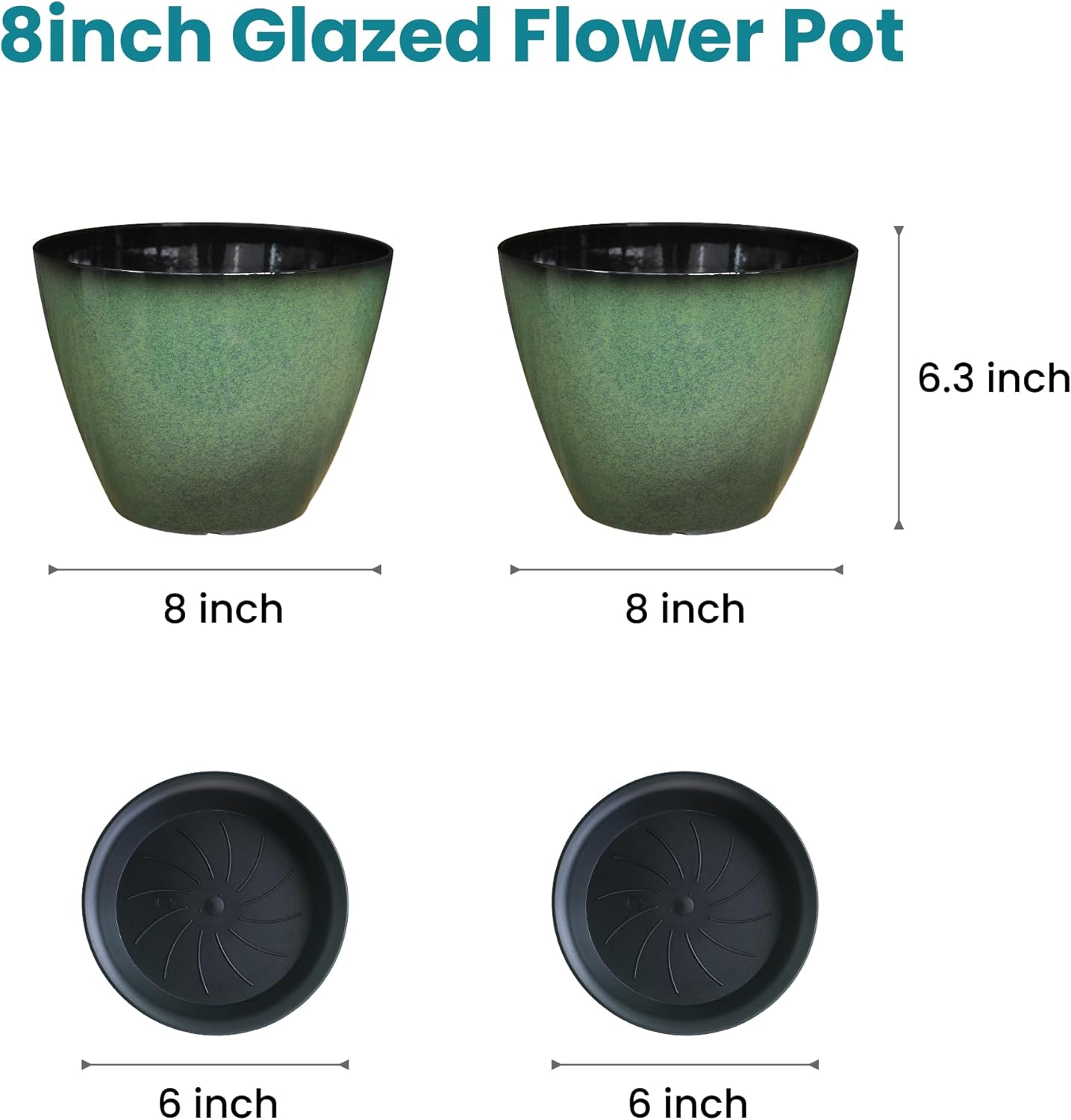 2 Pack Plant Pots for Indoor Outdoor Plants, 8 inch Plastic Flower Pots, Glazed Planter for Aloe, Herbs, Cactus (Green, 2pcs)
