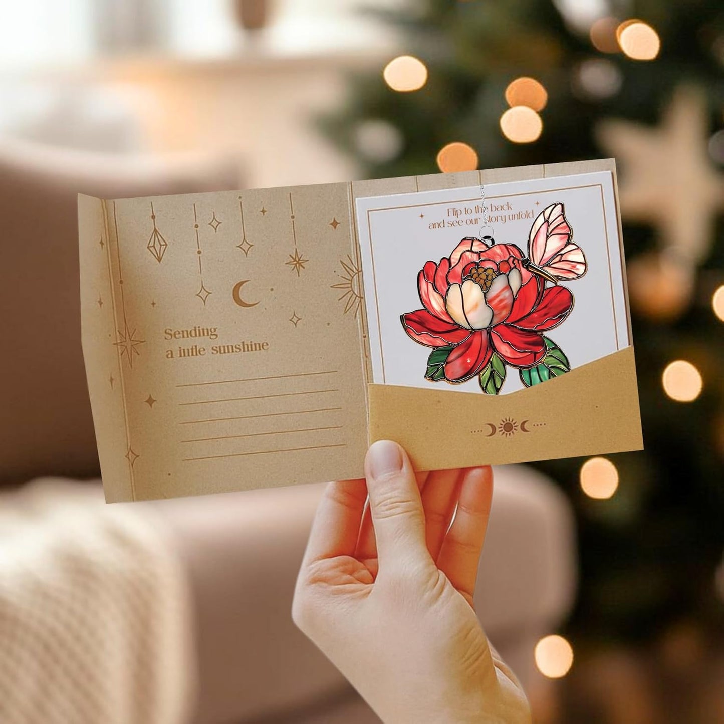 Butterfly and Peony Acrylic Suncatcher Stained Glass Effect Window Car Hanging Christmas Ornament Indoor Outdoor Decor Garden Sun Catcher Panel for Flower Lover for Women Mom Grandma