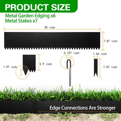 Metal Landscape Edging 6 Pack 40" L x 8" H,Galvanized Bendable Metal Garden Edging,Hammer- in Steel Landscape Edging with a Pair of Gloves and 7 Clips,Black (20 FT Total)